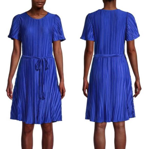 DKNY Royal Blue Pleated A-Line Tie Waist Flutter Sleeve Dress - Picture 1 of 9